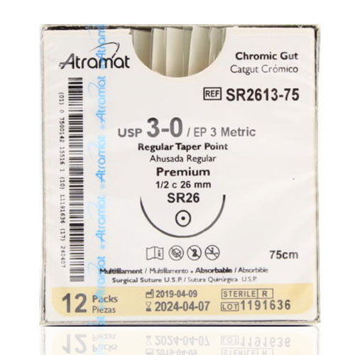 Catgut Crómico 3-0 Ahusada Regular Premium 1/2 Círculo SR26 12 Pz