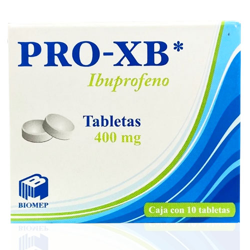 Ibuprofeno 400 mg, envase con 10 tabletas.