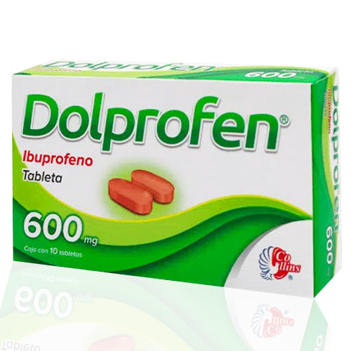 Ibuprofeno 600 mg, envase con 10 tabletas.