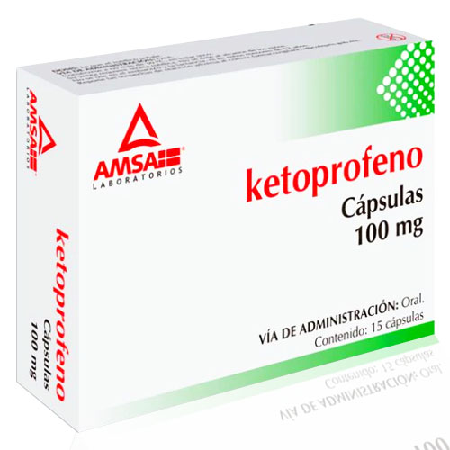 Ketoprofeno 100 mg, envase con 15 cápsulas.