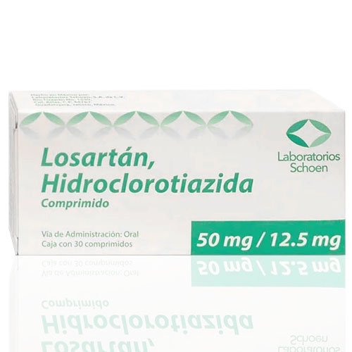 Losartán/hidrociclorizida 50/12.5 mg, envase con 30 tabletas.