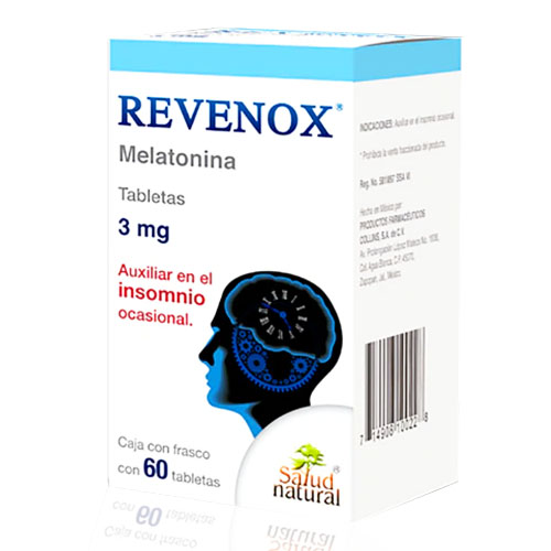 Melatonina 3 mg, envase con 60 tabletas.