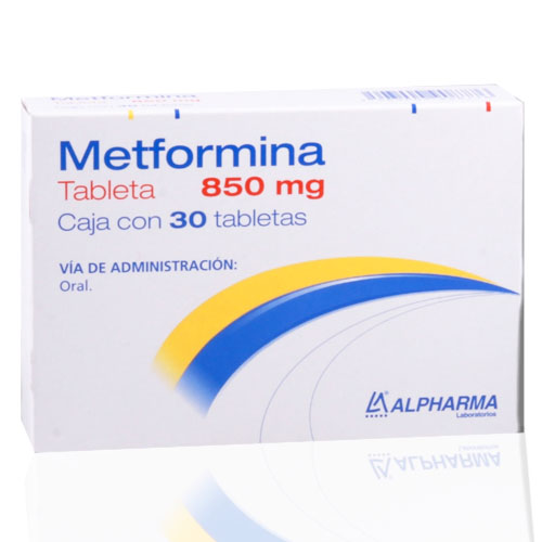 Metformina 850 mg, envase con 30 tabletas.