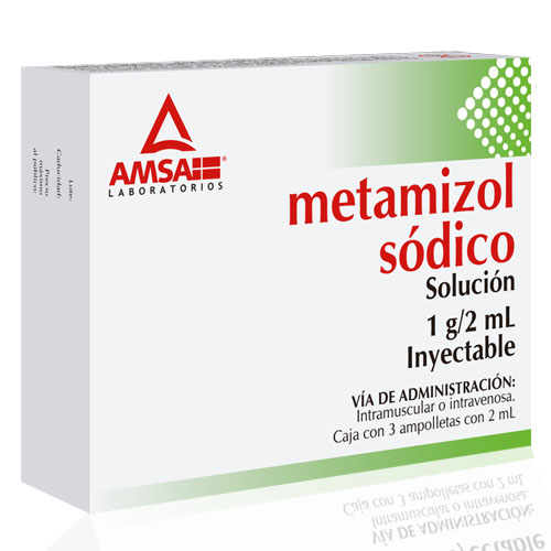 Metamizol sódico 1 g / 2 ml, envase con 3 ampollas.