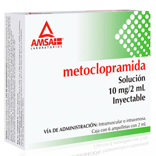 Metoclopramida 10 mg / 2 ml, envase con 6 ampollas.