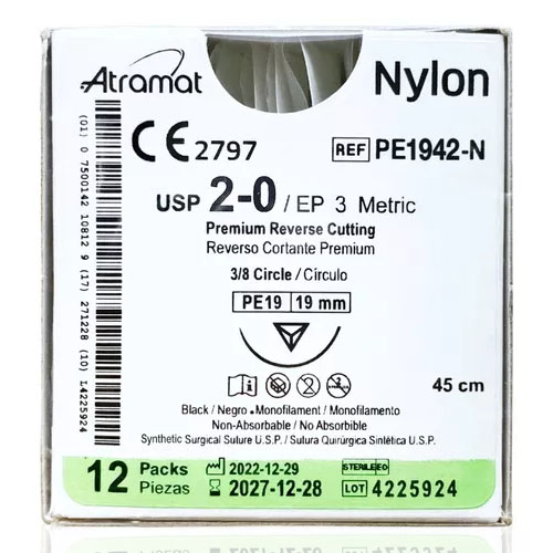 Nylon 2-0 reverso cortante premium 3/8 círculo, tamaño PE19