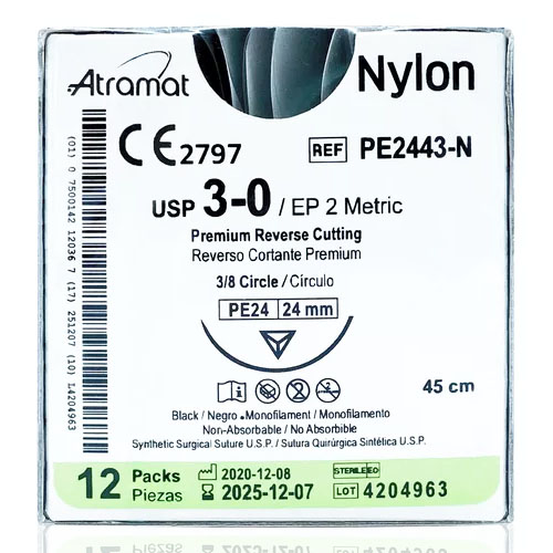 Nylon 3-0 reverso cortante premium 3/8 círculo, tamaño PE24