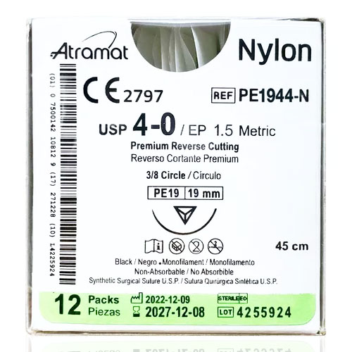 Nylon 4-0 reverso cortante premium 3/8 círculo, tamaño PE19