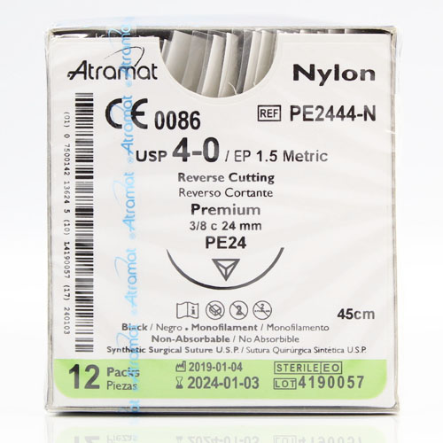 Nylon 4-0 reverso cortante premium 3/8 círculo, tamaño PE24