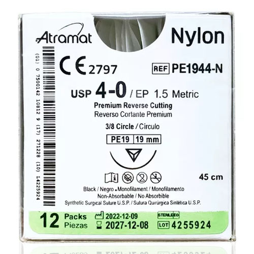 Nylon 5-0 reverso cortante premium 3/8 círculo, tamaño PE19