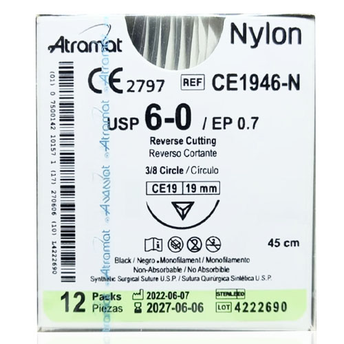 Nylon 6-0 reverso cortante 3/8 círculo, tamaño CE19