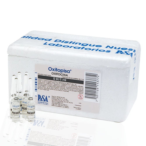 Oxitrocina 5 UI/1 ml, envase con 50 ampollas.