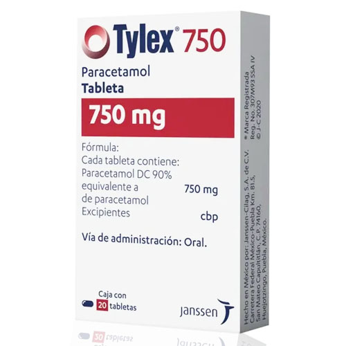 Paracetamol 750 mg, envase con 20 tabletas.