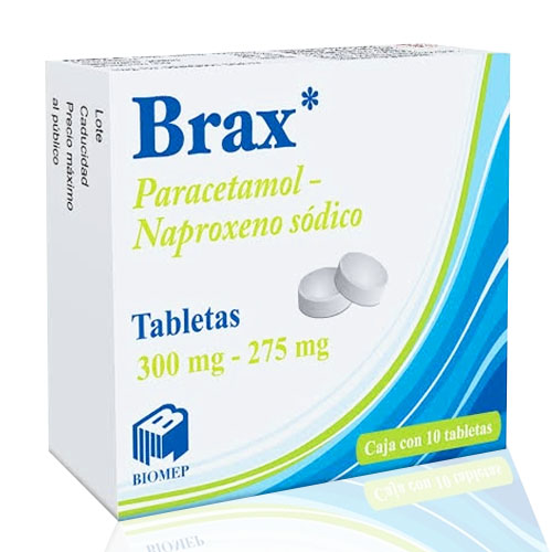 Paracetamol-naproxeno sódico 300/275 mg, envase con 10 tabletas.