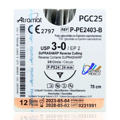 PGC 25 poliglicólico CO epsilon caprolactona 3-0, reverso cortante 3/8.