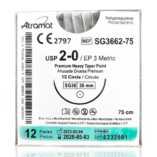 Polipropileno (Prolene) 2-0, ahusada gruesa premium 1/2 círculo.