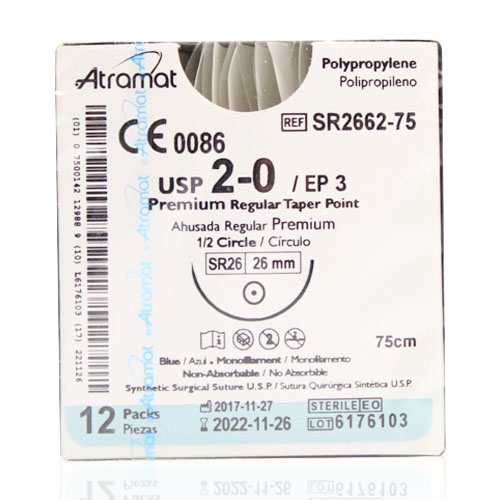 Polipropileno 2-0, ahusada regular premium 1/2 círculo, 75 cm.