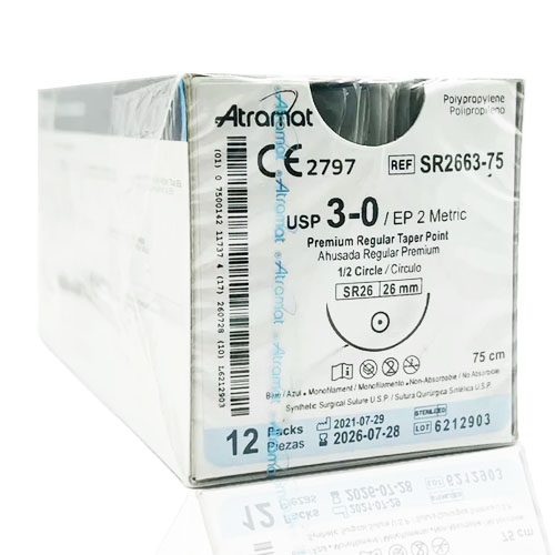 Polipropileno (Prolene) 3-0, ahusada regular premium 1/2 círculo.