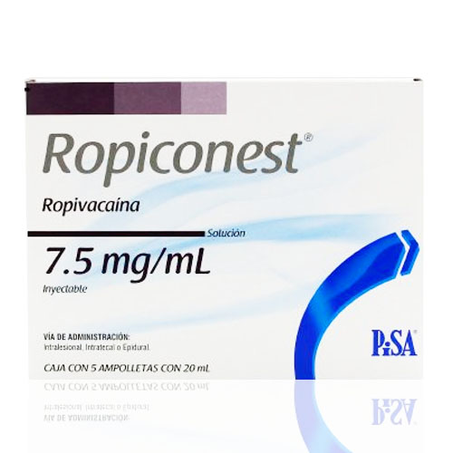 Ropivacaína 7.5 mg/ml 20 ml, envase con 5 ampollas.