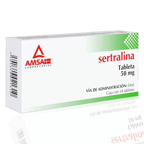 Sertralina 50 mg, envase con 14 tabletas.